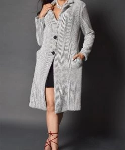 Frank Lyman Long Knit Button Coat | Black/ White | FL46