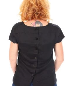 See Saw Linen Cap Sleeve Button Back Top - Black - SS6