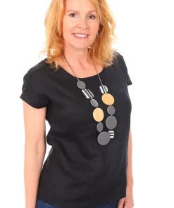 See Saw Linen Cap Sleeve Button Back Top - Black - SS6