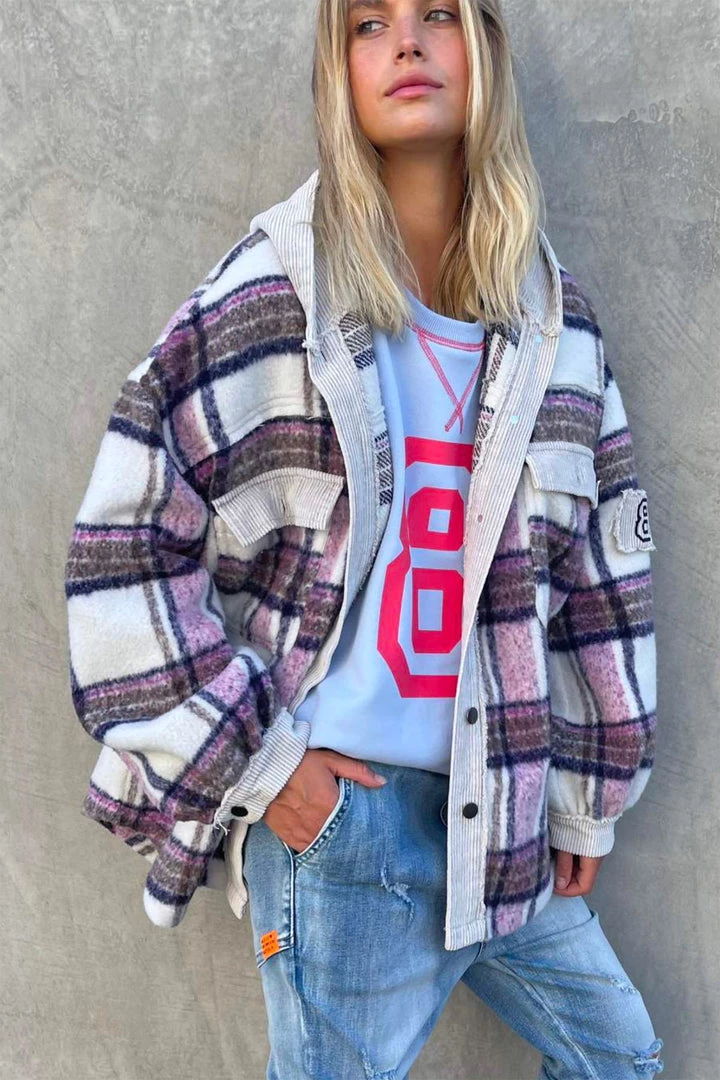 Hammill + Co Clothing Lumberjack Frayed Check Hoodie | Grey/Mauve | HC27 1 Hammill + Co Clothing Lumberjack Frayed Check Hoodie | Grey/Mauve | HC27