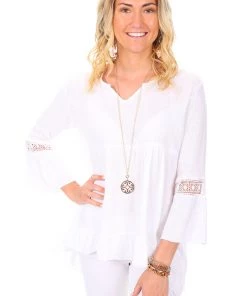 Puro Lino Simona V Neck Linen Top - White
