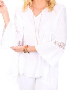 Puro Lino Simona V Neck Linen Top - White