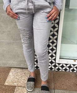 Wednesday Lulu Clothing Sequin Knee Detail Pants - Grey - WL34