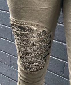 Wednesday Lulu Clothing Sequin Knee Detail Pants - Militare - WL34