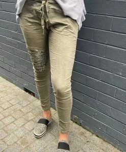 Wednesday Lulu Clothing Sequin Knee Detail Pants - Militare - WL34