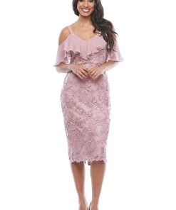 Zaliea Events Cold Shoulder Embroidered Lace Dress - Dusty Pink