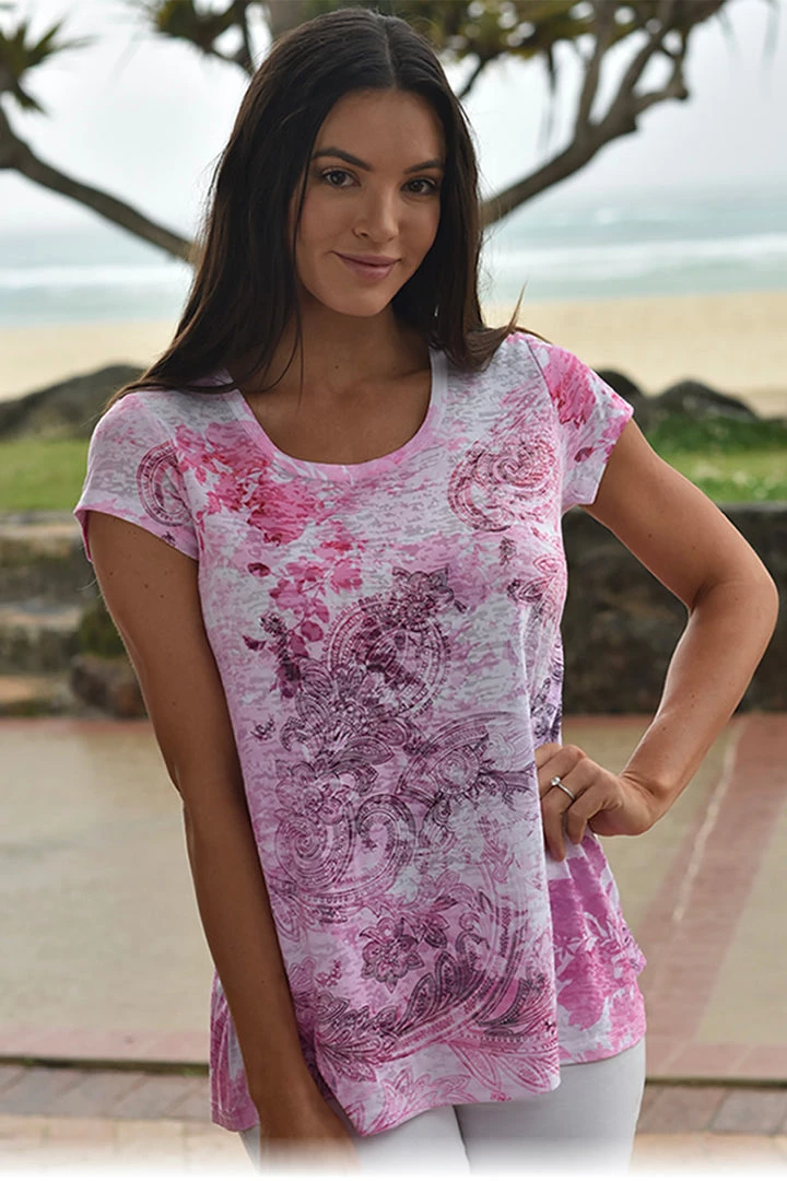 Zen Garden Round Neck Paisley Top | Pink | S 2 Zen Garden Round Neck Paisley Top | Pink | S