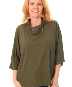 Bamboo 1/2 Batwing Sleeve Zip Top | Olive | BO1 Clothing