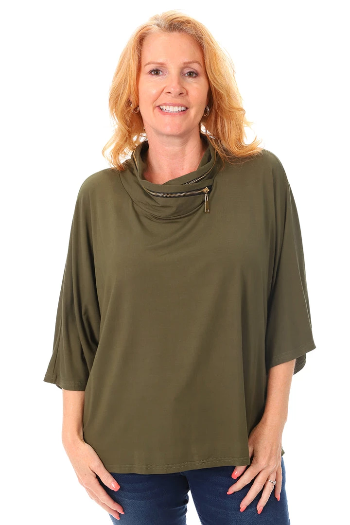 Bamboo 1/2 Batwing Sleeve Zip Top | Olive | BO1 Clothing 2 Bamboo 1/2 Batwing Sleeve Zip Top | Olive | BO1 Clothing