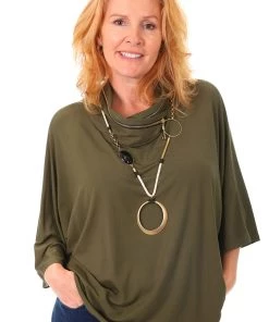 Bamboo 1/2 Batwing Sleeve Zip Top | Olive | BO1 Clothing