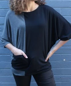Bamboo 3/4 Sleeve Two Tone Top | Black & Grey | BO3