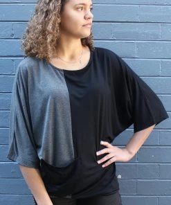 Bamboo 3/4 Sleeve Two Tone Top | Black & Grey | BO3