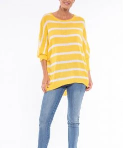 Cafe Latte Tops Stripe Batwing Knit Top | Yellow | CL15