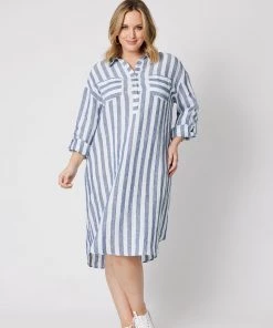 Gordon Smith Butcher Stripe Linen Dress | Indigo | GS43