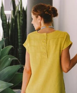 See Saw Dresses Cap Sleeve Button Back Dress | Mustard | SS25s