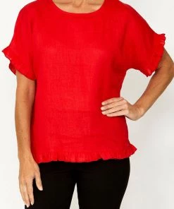 Ping Pong Drop Shoulder Frill Linen Top - Red 9 Ping Pong Drop Shoulder Frill Linen Top - Red