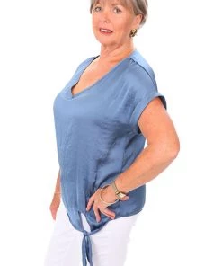 Frank Lyman V Neck Tie Top - Blue