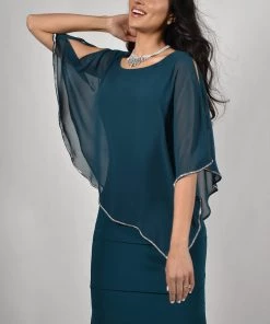Frank Lyman Jewelled Cape Dress | Green | FL42 Clothing