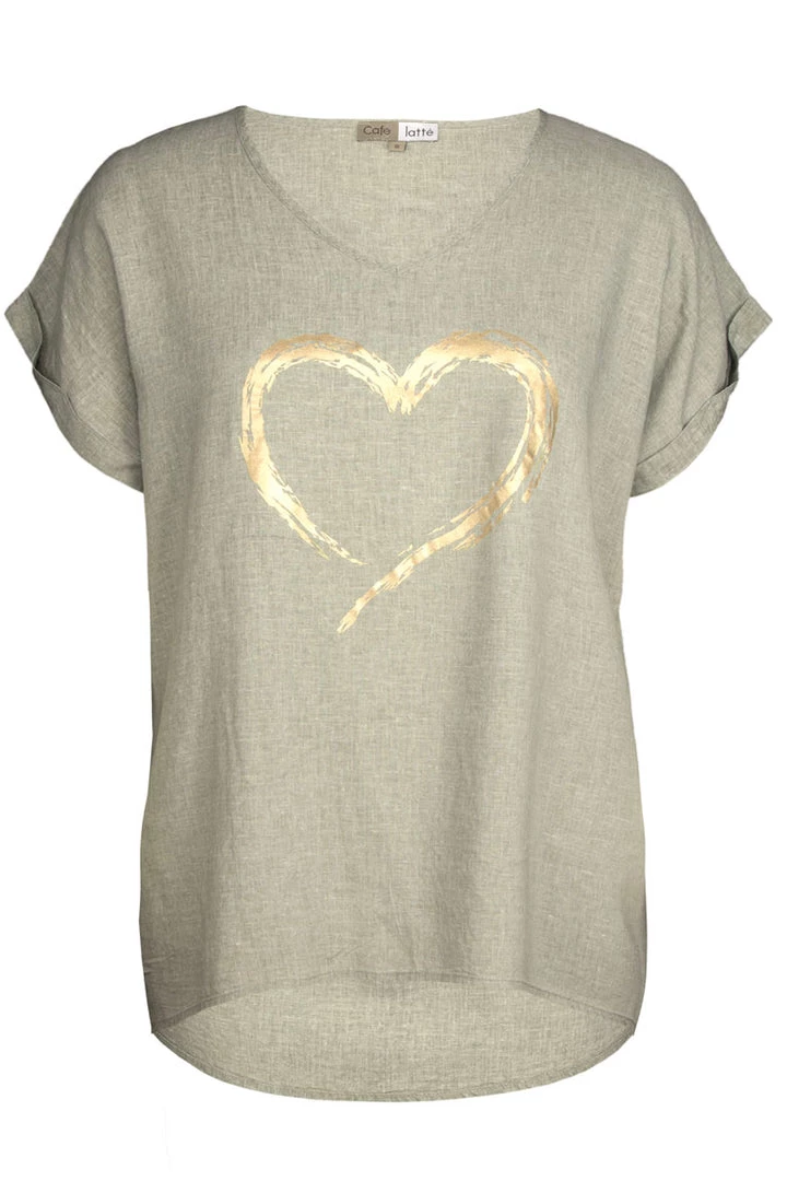 Cafe Latte Heart Foil Print Tee | Khaki | Cl13 1 Cafe Latte Heart Foil Print Tee | Khaki | Cl13