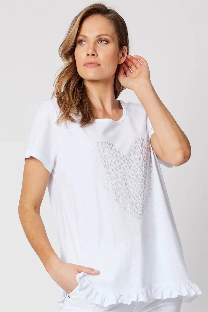 Threadz Heart Frilled Hem Top | White | TZ39 1 Threadz Heart Frilled Hem Top | White | TZ39