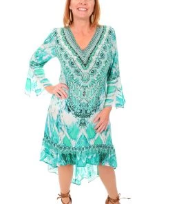 Fashion Spectrum Resort Wear Paluma High Low Silk Dress | Green | FS7