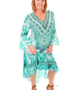 Fashion Spectrum Resort Wear Paluma High Low Silk Dress | Green | FS7