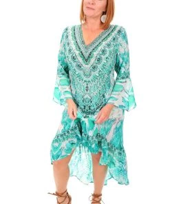 Fashion Spectrum Resort Wear Paluma High Low Silk Dress | Green | FS7