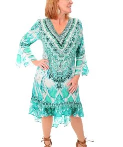 Fashion Spectrum Resort Wear Paluma High Low Silk Dress | Green | FS7