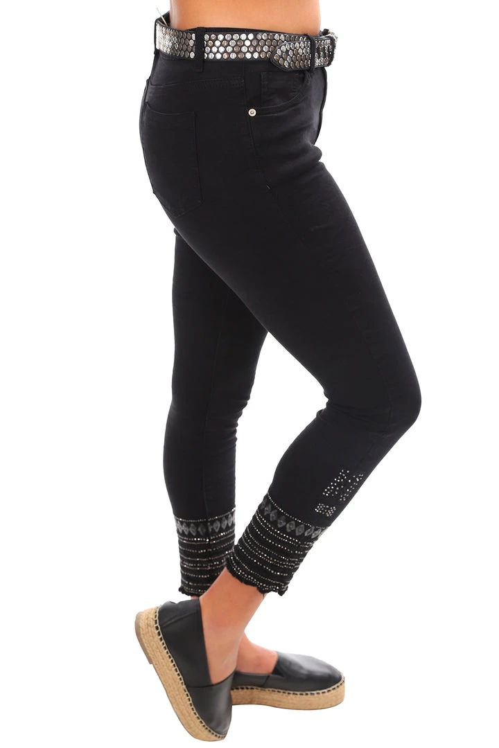 Italian Star Embellished Cuff Jeans - Black - IS17 2 Italian Star Embellished Cuff Jeans - Black - IS17