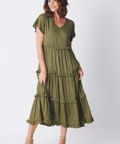 WD Designs Jayda Ruffle Tier Dress | Khaki | WD1 Clothing