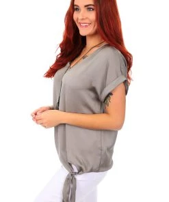 Frank Lyman Tops V Neck Tie Top - Khaki