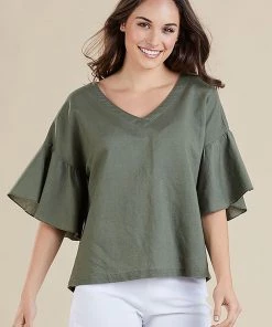Gordon Smith Tops Ruffle Sleeve V Neck Top | Khaki | GS6