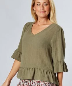 WD Designs Libby Ruffle Top | Khaki | WD3 Clothing