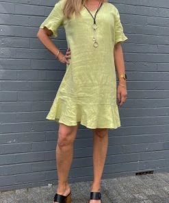 JUMP Clothing Frill Sleeve Linen Dress | Celery | JP2 S