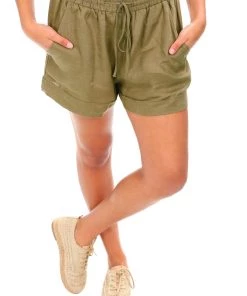 Cali & Co Casual Linen Shorts - Khaki - CC12