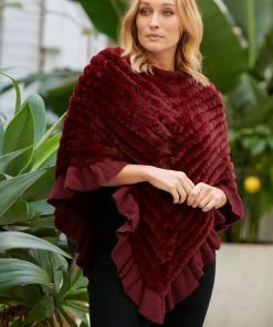 Holmes & Fallon Clothing Faux Fur Knit Hem Poncho | Wine | HF3