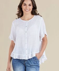 Threadz Tops Frill Detail Button Top | White | TZ10