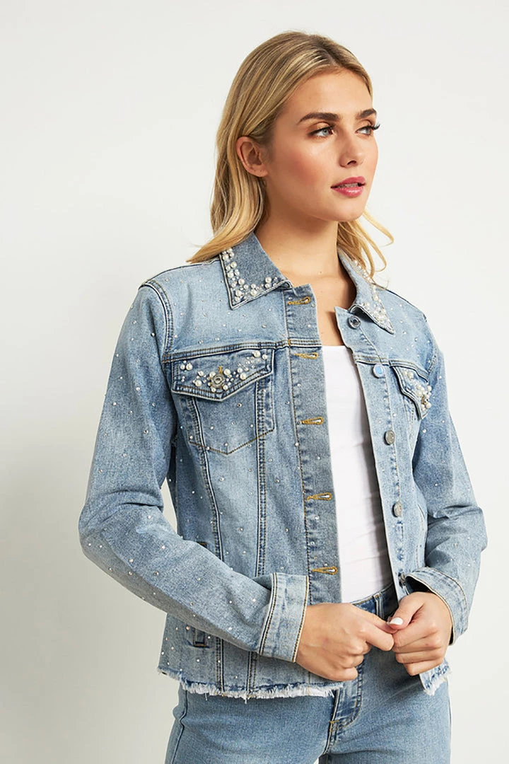 Joseph Ribkoff Clothing Pearl Detail Denim Jacket | Blue | JR118 1 Joseph Ribkoff Clothing Pearl Detail Denim Jacket | Blue | JR118