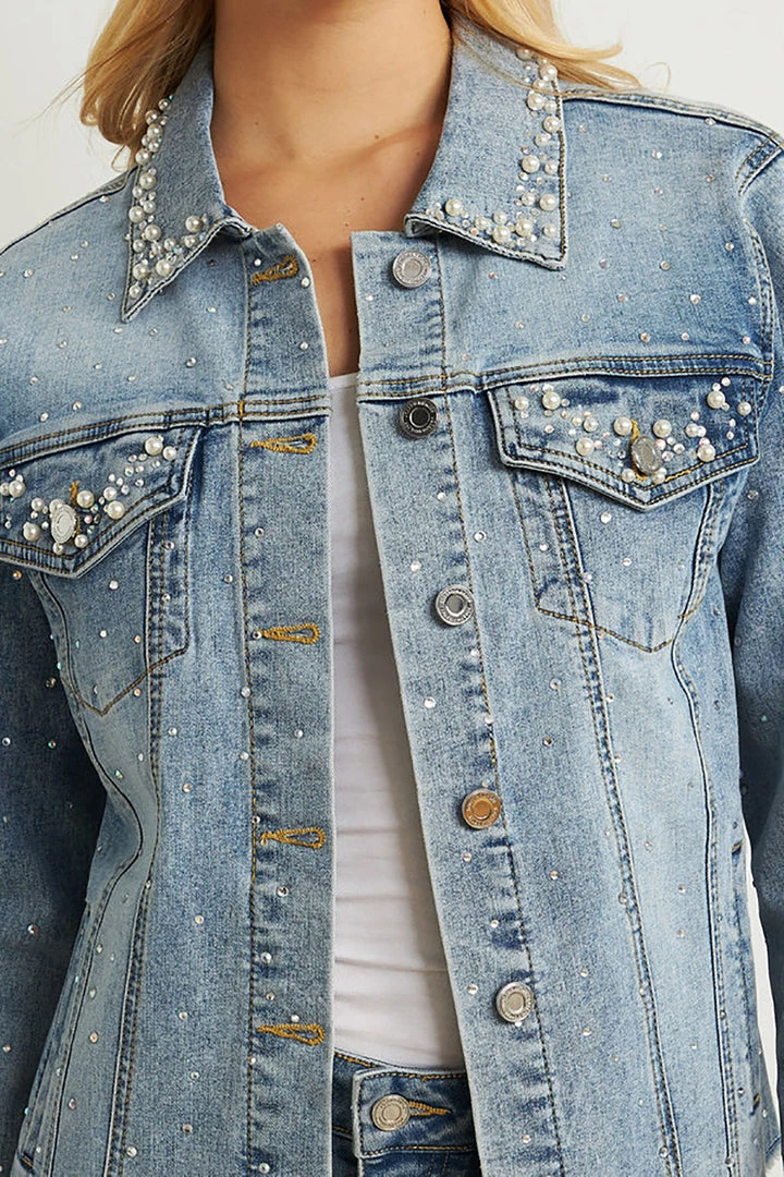 Joseph Ribkoff Clothing Pearl Detail Denim Jacket | Blue | JR118 2 Joseph Ribkoff Clothing Pearl Detail Denim Jacket | Blue | JR118
