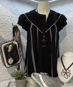 Ping Pong Cap Sleeve Embroidered Blouse | Black | PP13s