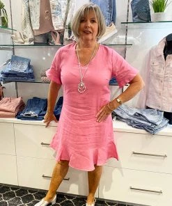 JUMP Frill Sleeve Linen Dress | Pink | JP2s