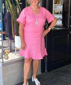 JUMP Frill Sleeve Linen Dress | Pink | JP2s