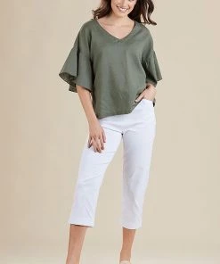 Gordon Smith Tops Ruffle Sleeve V Neck Top | Khaki | GS6