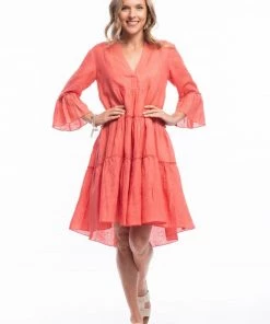 Escape By OQ Pure Linen Placket Layered Dress | Salmon | ES1 S Clothing