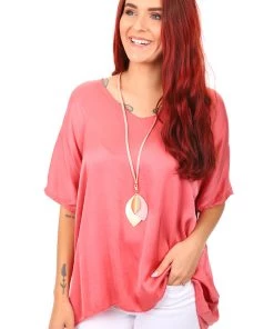 Cindy G High Low Silky Top | Salmon Tops