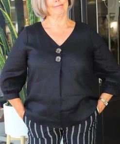 Ping Pong Button Front Linen Top | Black | PP4