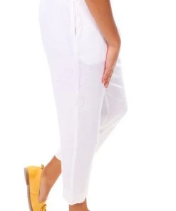 See Saw 7/8 Linen Flat Front Elastic Pants | White | SS1
