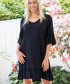 Freez Frilled Shift Dress - Black - FZ5
