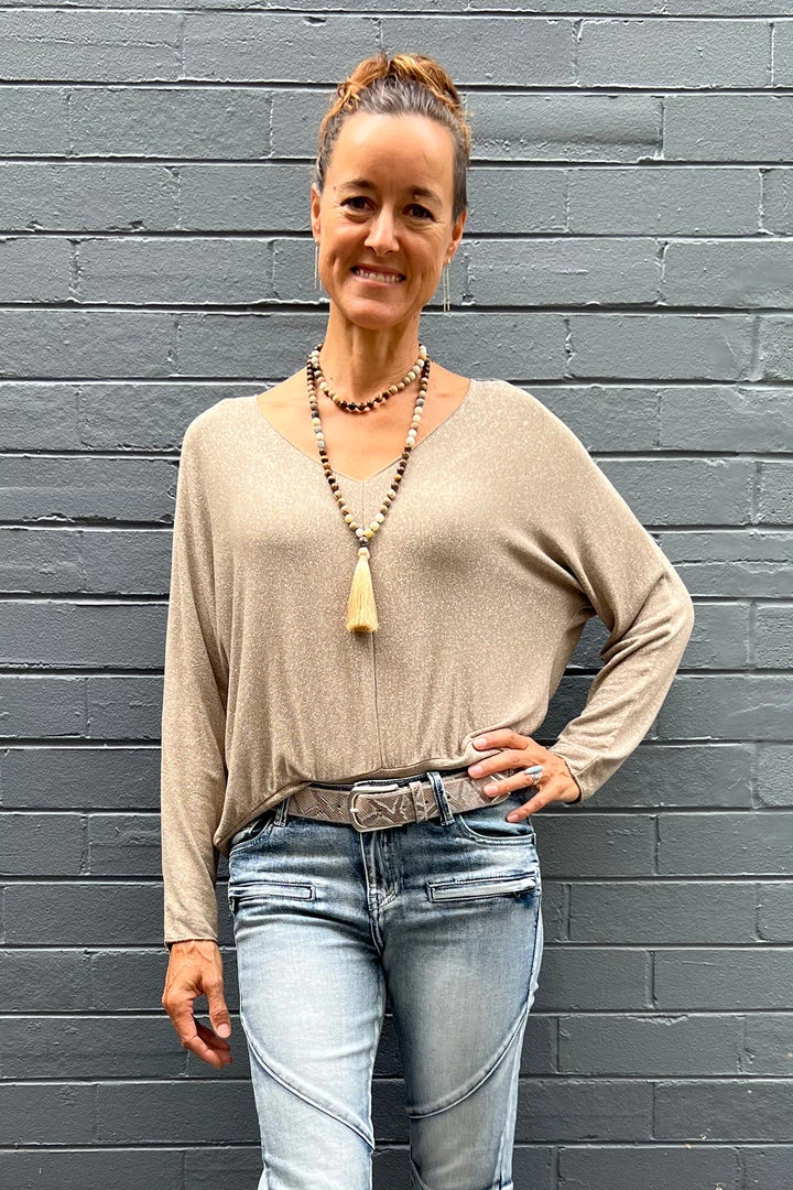 Cindy G Clothing Shimmer V Neck Top | Gold Ash | CG47 2 Cindy G Clothing Shimmer V Neck Top | Gold Ash | CG47