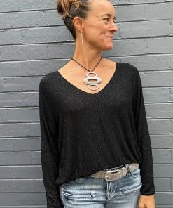 Cindy G Clothing Shimmer V Neck Top | Black | CG47